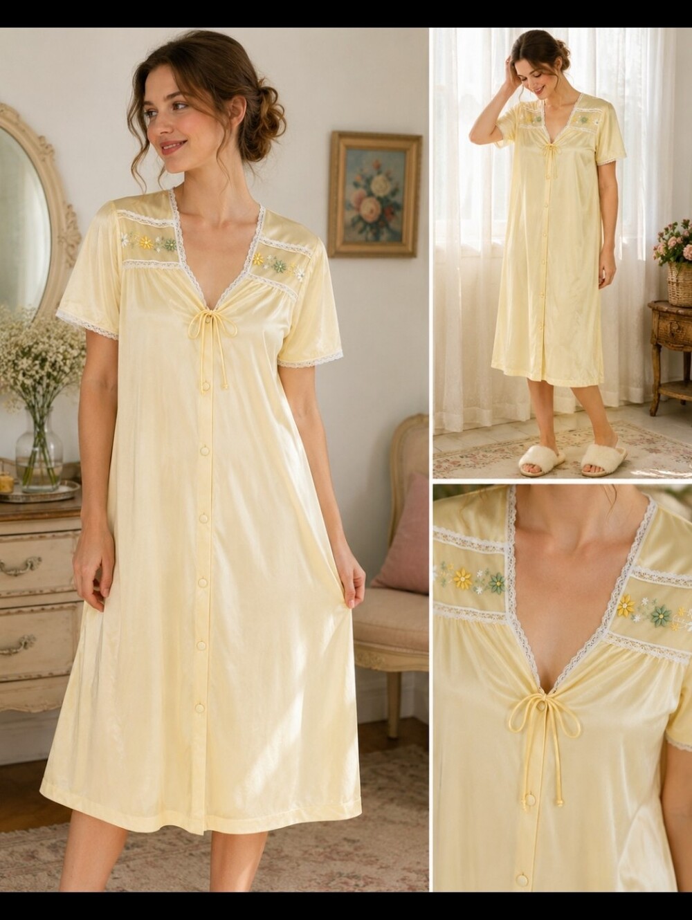 Vintage Jolie Two Pastel Yellow Housecoat | Embroidered Floral Button Front